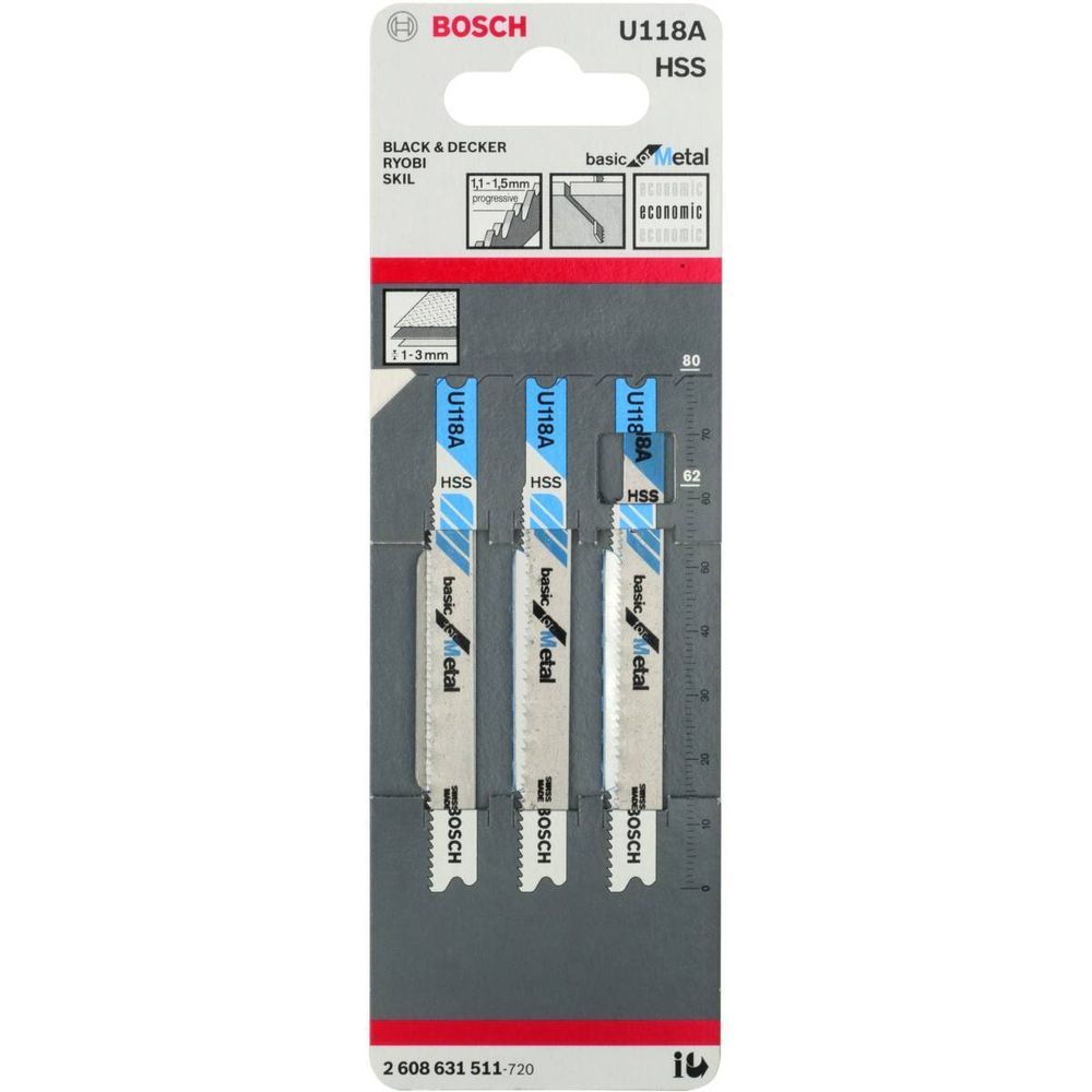 Полотно для лобзика Bosch U118A 62мм, HSS, U-хв. 3 шт. 2608631511 фото