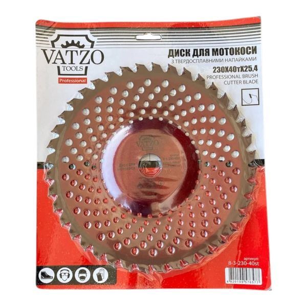 Нож для бензокосы VATZO 230х25.4х1.3х40z, напайной т/с вогнутый 8-3-230-40st фото