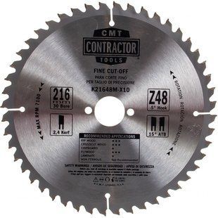 Пила дисковая CMT 216 x 30 мм, Z 48 по дереву Contractor K21648M-X10 фото