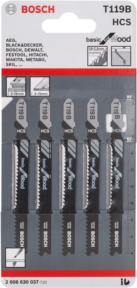 Набір полотен для лобзика Bosch T119B 92 мм HCS 5 шт 2608630037 фото